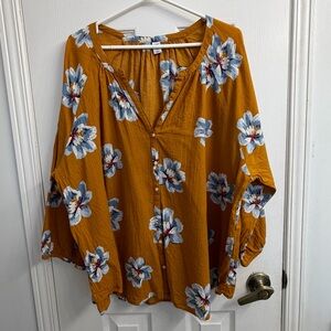 Old Navy Women's Mustard Floral Button-Front Top Flowing Blouse - Size XXL
